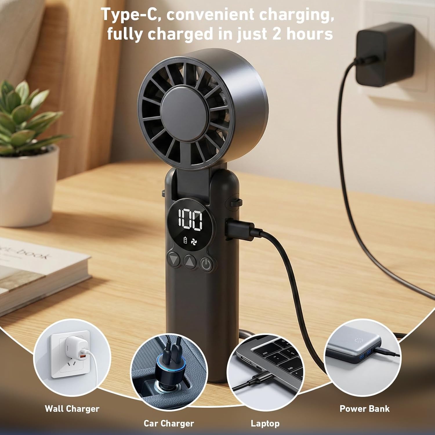 Handheld Fan – 6000Mah Battery, 1-199 Speeds, USB Rechargeable Mini Fan, 3-In-1 Foldable Small Battery Operated Fan, LED Display Personal Cooling Fan for Travel Home Office – Black
