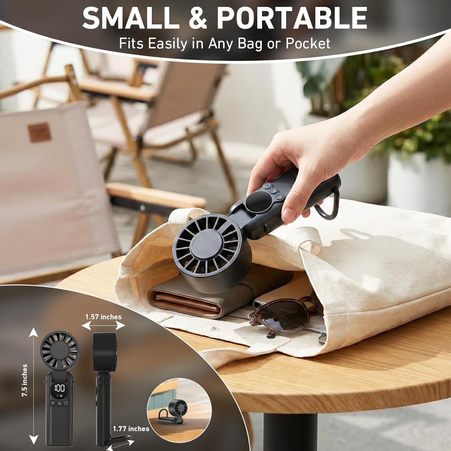 Handheld Fan – 6000Mah Battery, 1-199 Speeds, USB Rechargeable Mini Fan, 3-In-1 Foldable Small Battery Operated Fan, LED Display Personal Cooling Fan for Travel Home Office – Black