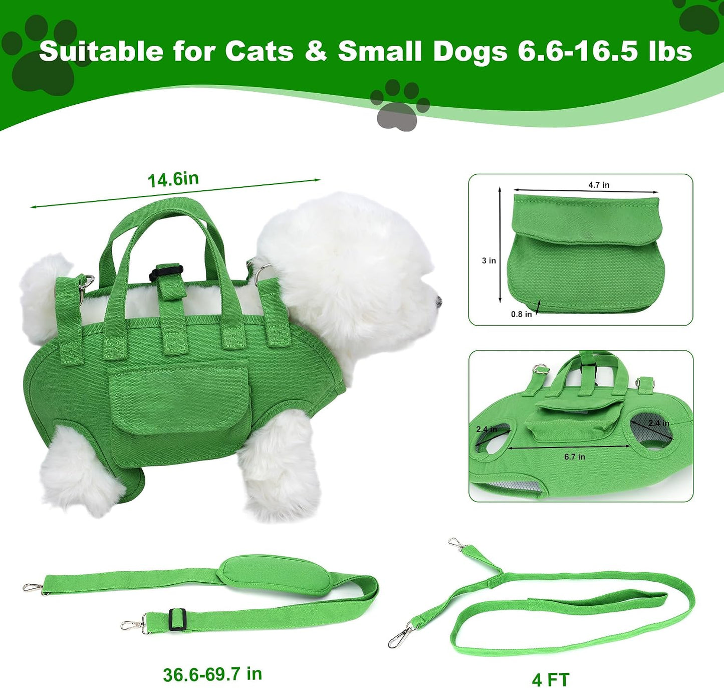 Dog Harness with Leash & Adjustable Shoulder Strap, Dog Sling Carrier for 6–16.5Lbs for Walking Travel Training