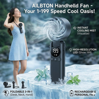 Handheld Fan – 6000Mah Battery, 1-199 Speeds, USB Rechargeable Mini Fan, 3-In-1 Foldable Small Battery Operated Fan, LED Display Personal Cooling Fan for Travel Home Office – Black
