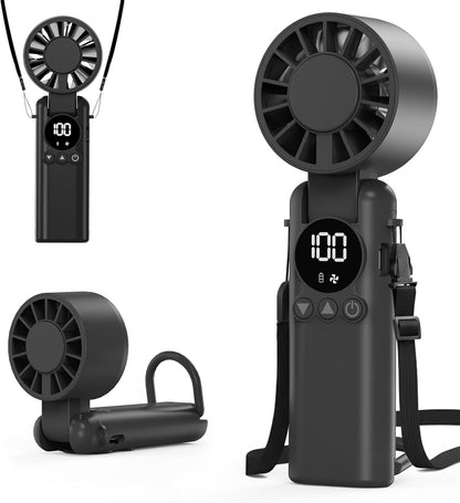 Handheld Fan – 6000Mah Battery, 1-199 Speeds, USB Rechargeable Mini Fan, 3-In-1 Foldable Small Battery Operated Fan, LED Display Personal Cooling Fan for Travel Home Office – Black